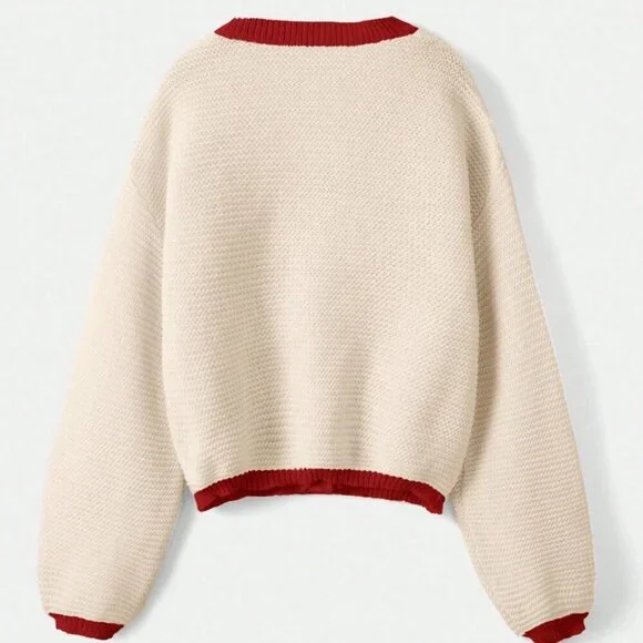 Apricot Casual Women's Cute Crochet Strawberry Print Button sweater Cardigan